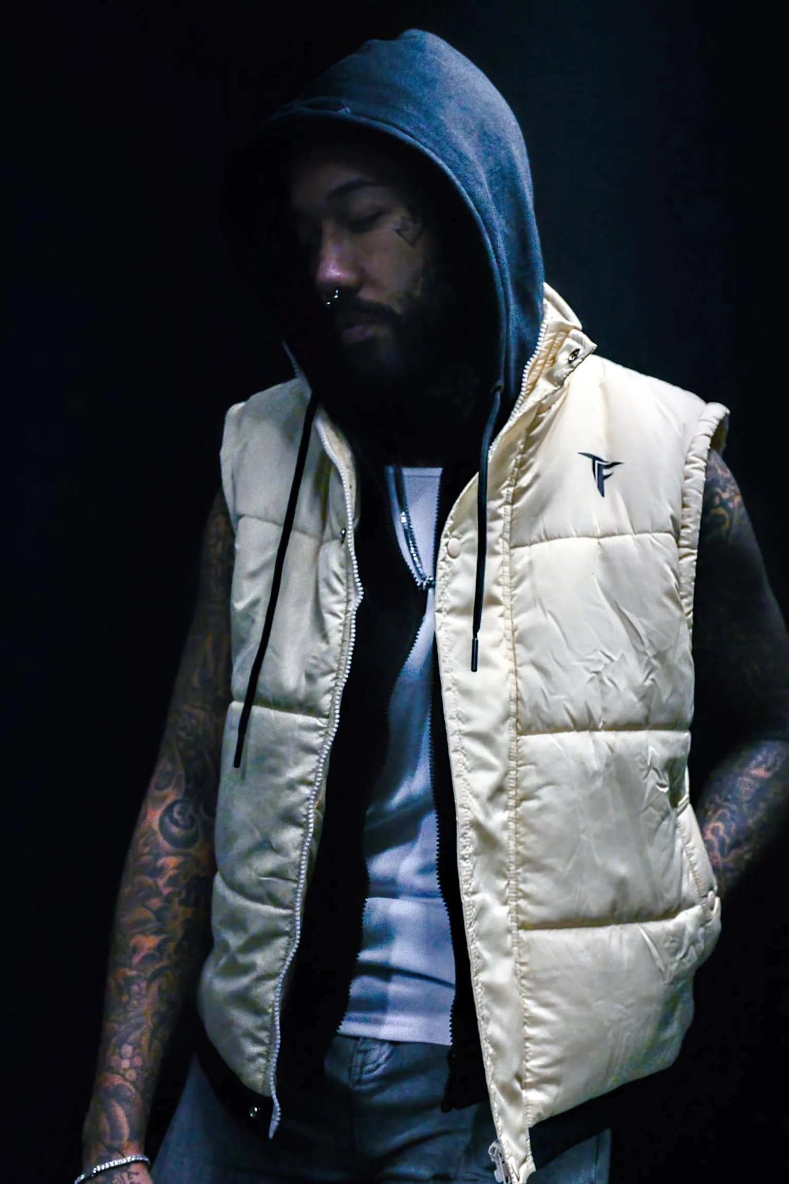 Cream Hooded Gilet with Black Inner