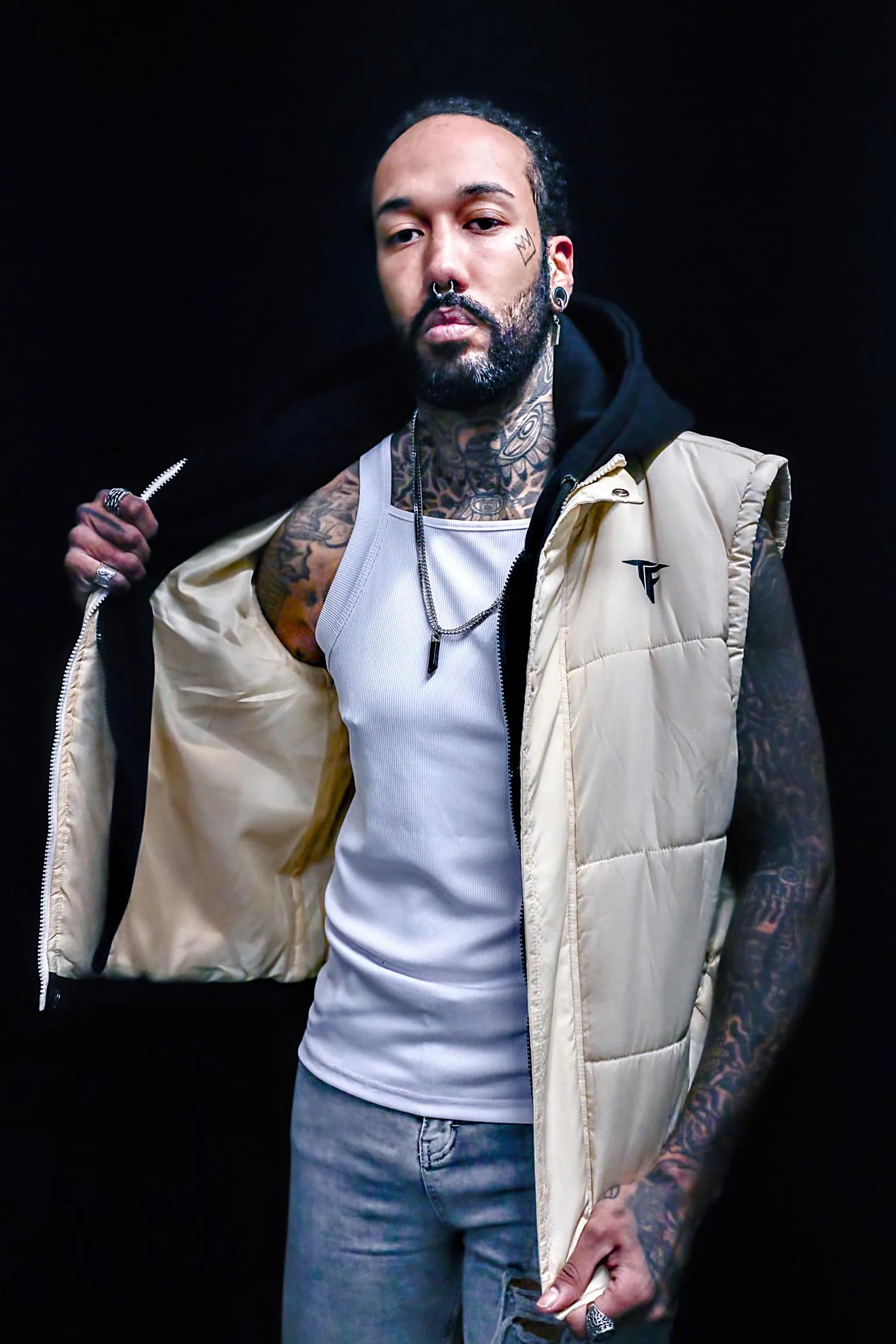 Cream Hooded Gilet with Black Inner