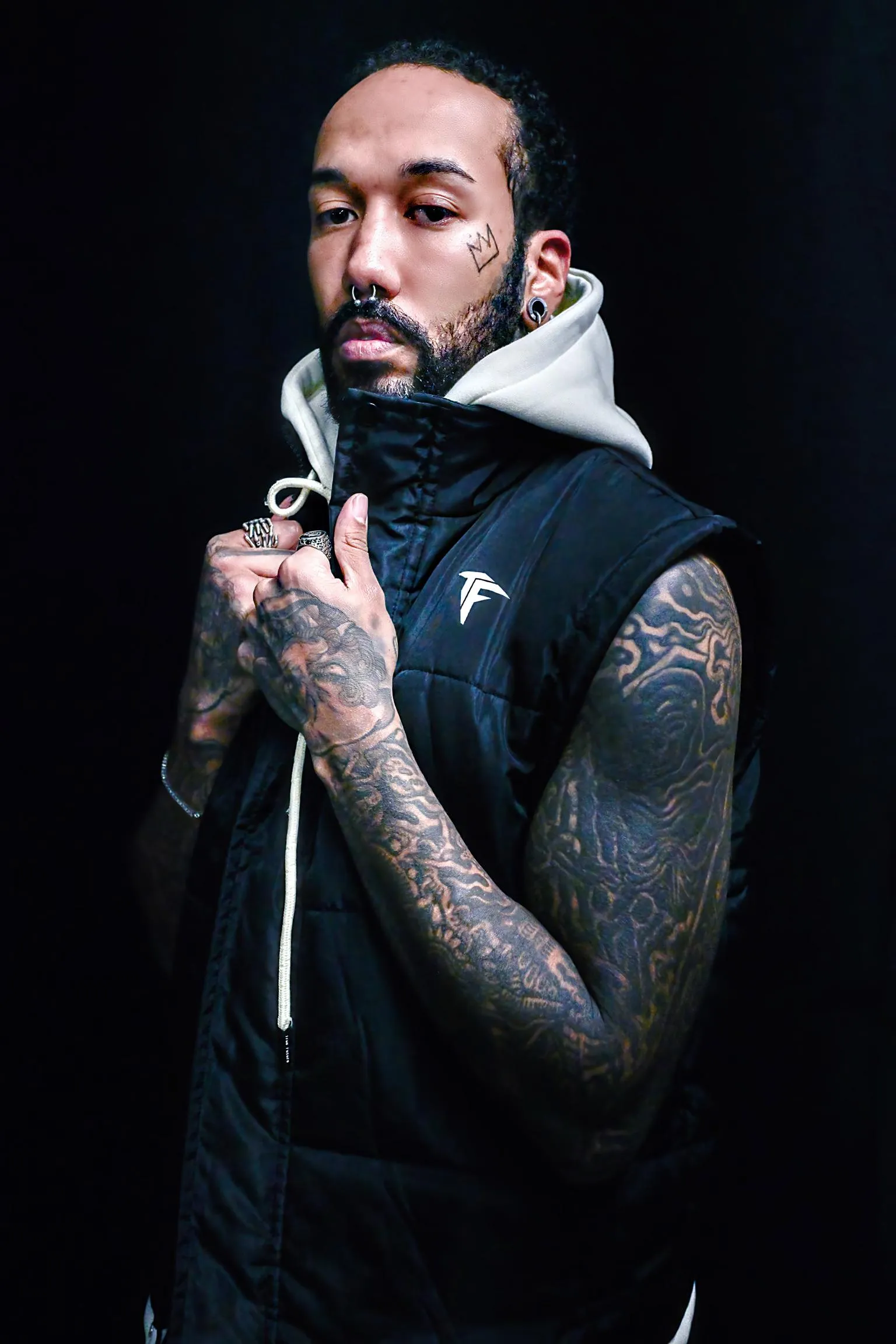 Black Hooded Gilet with Cream Inner