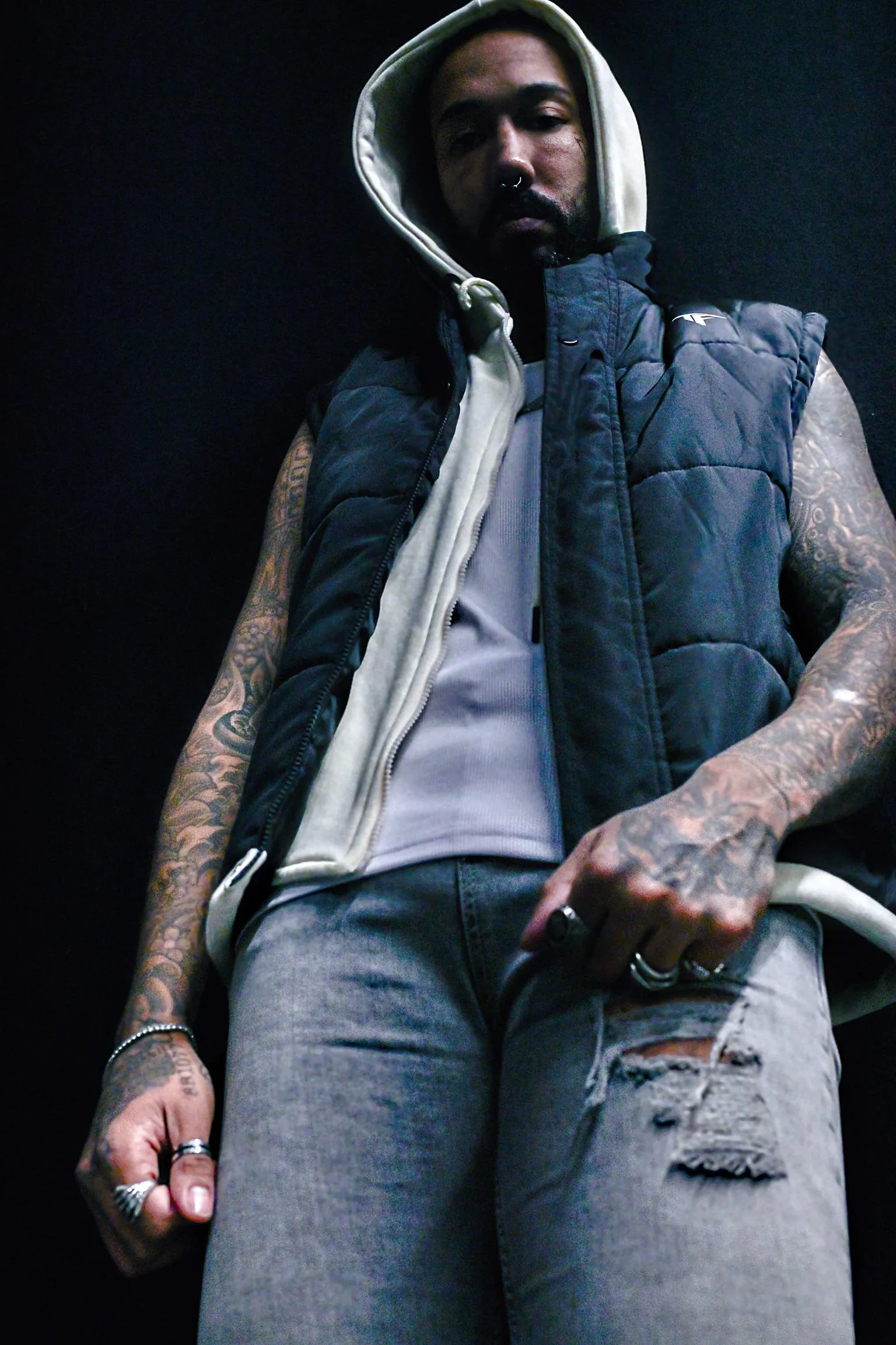 Black Hooded Gilet with Cream Inner